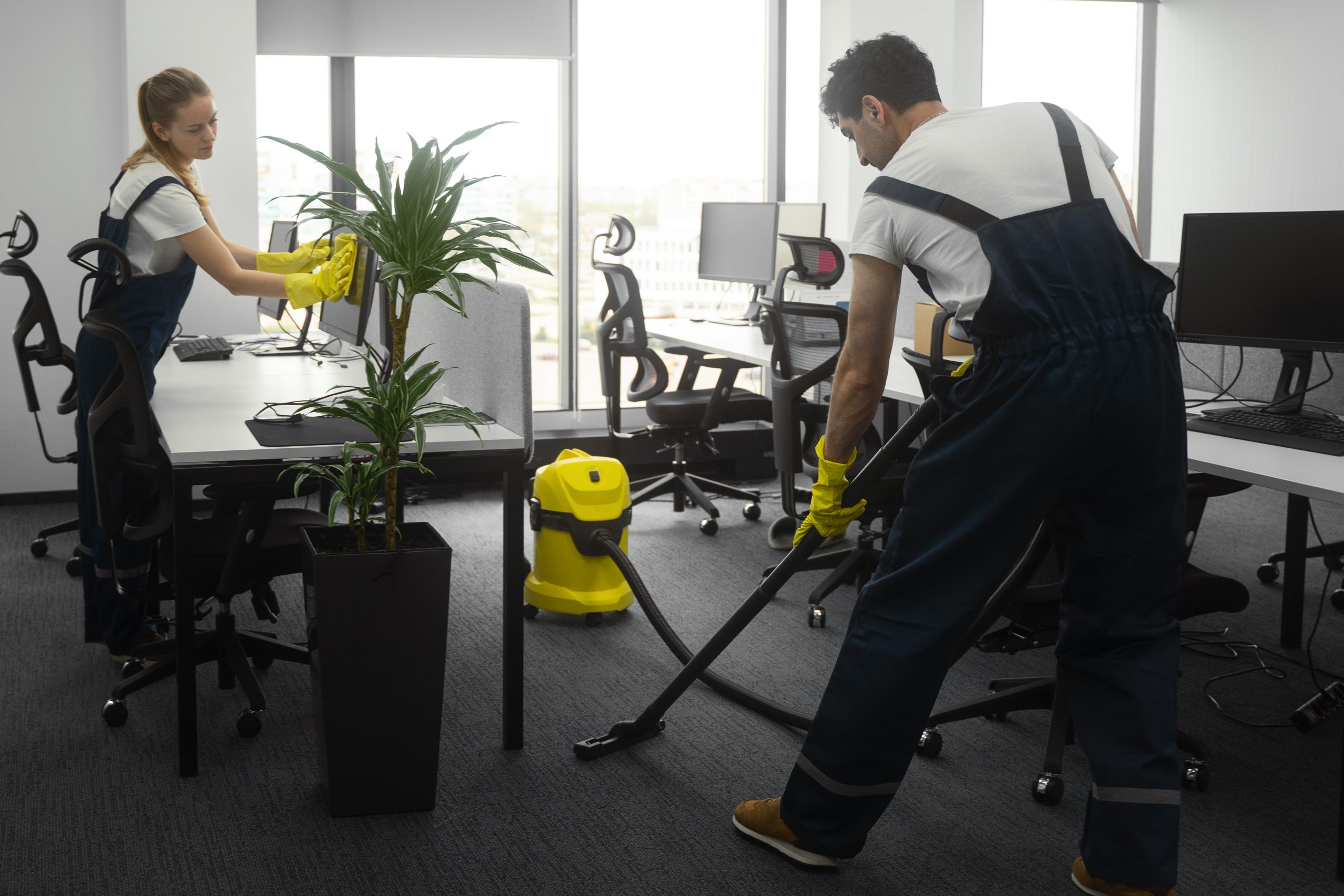 plein coup de personnes nettoyant le bureau