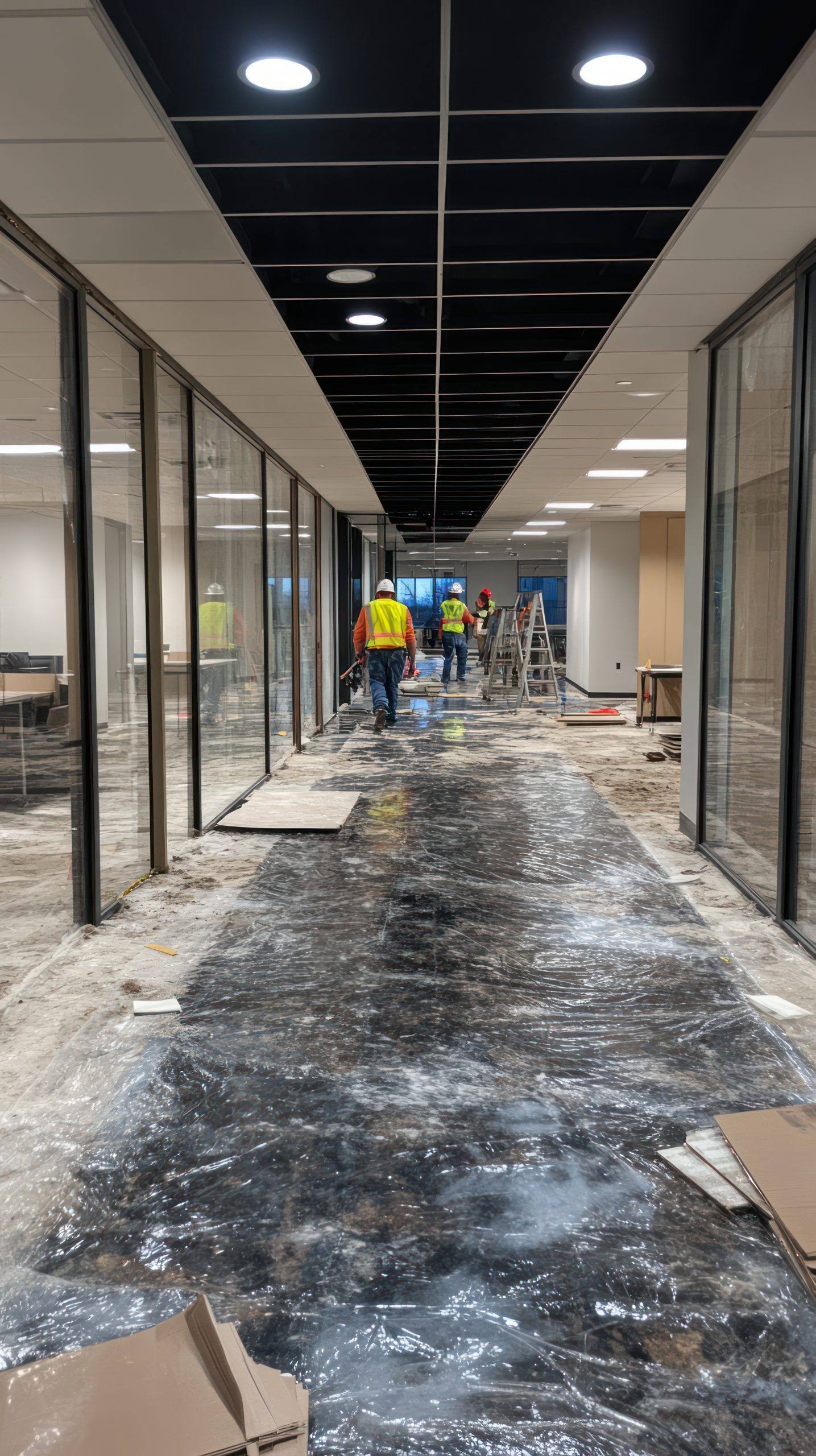 workers installing new flooring modern office corridor
