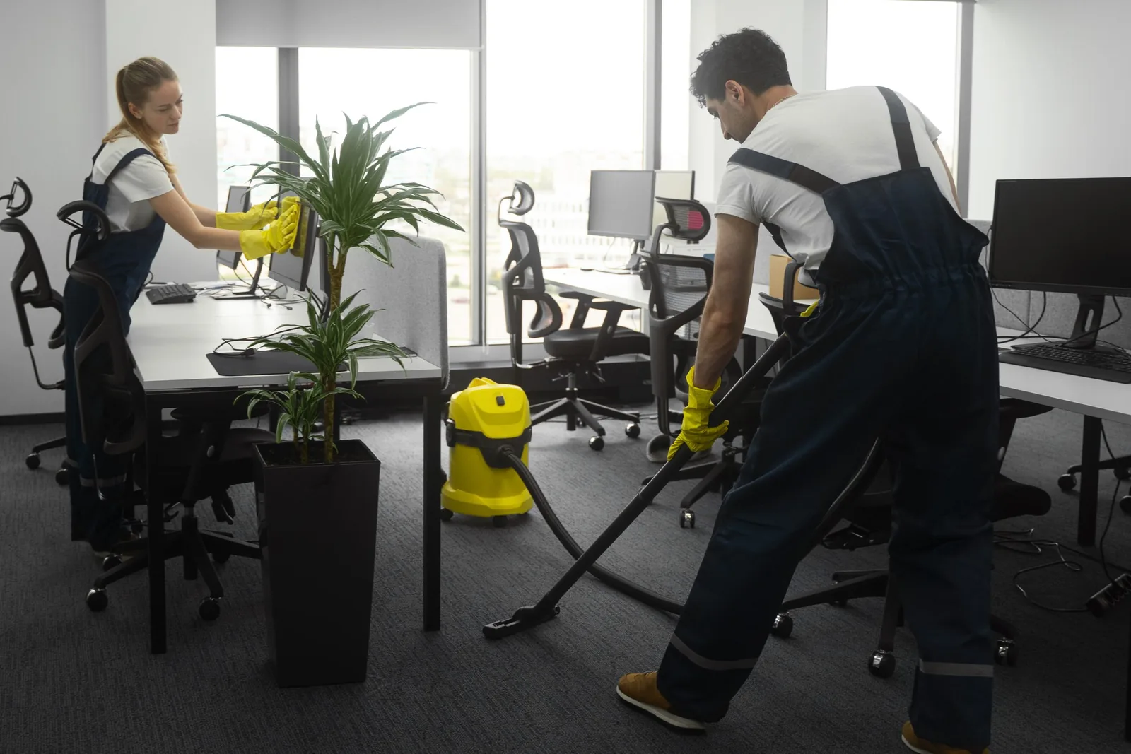 Entretien d'un open space, aspiration de la moquette et nettoyage des bureaux