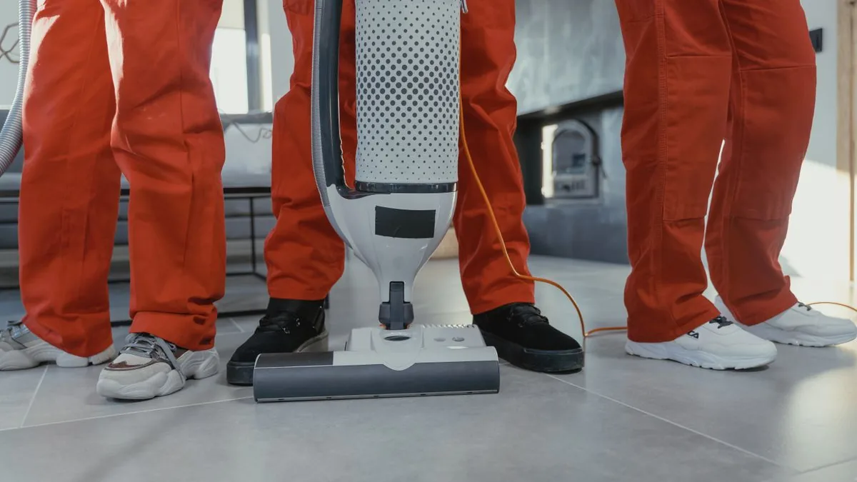 Équipe en combinaison orange autour d'un aspirateur, sur un sol carrelé